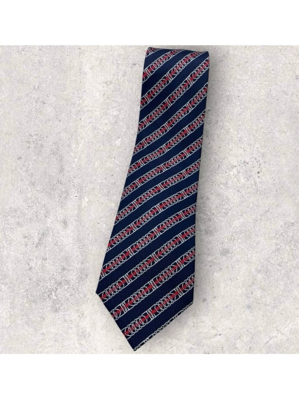 HERMÈS 5402 OA Silk Tie FRANCE Navy Red White Striped Chain W:3.7" EUC